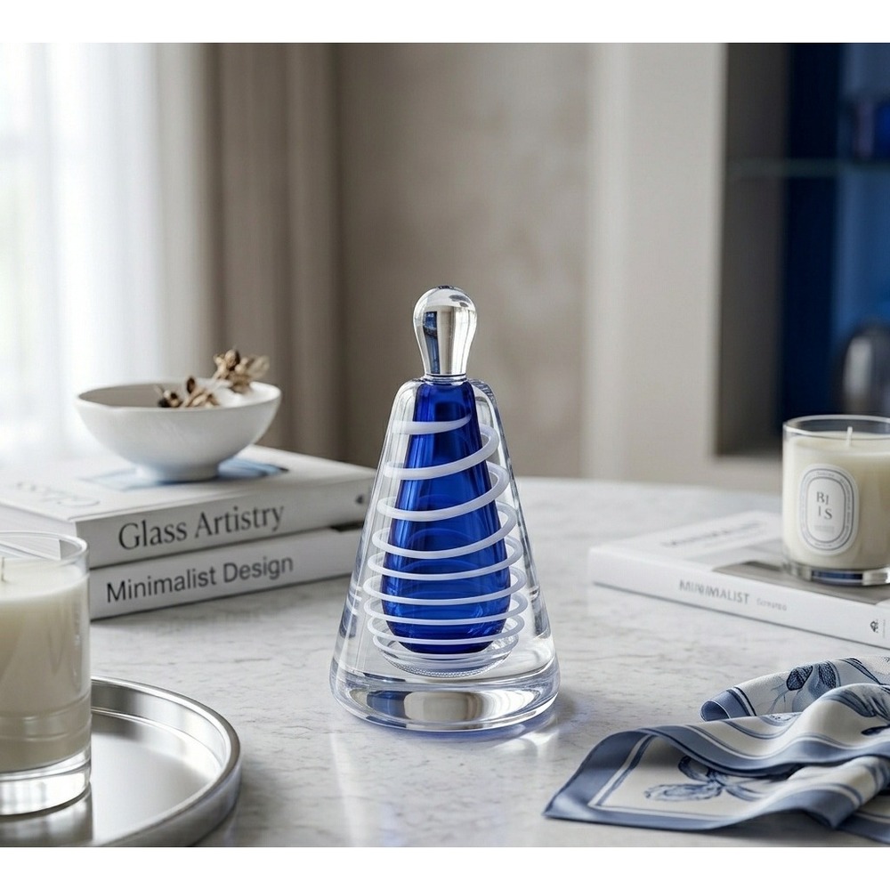 Luxe Cobalt Swirl Art Glass Bottle Minimalist Murano Style Vanity Decor